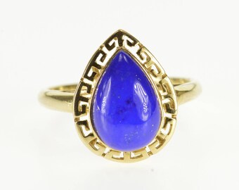 14k Pear Cut Lapis Lazuli Greek Key Wave Trim Ring Gold