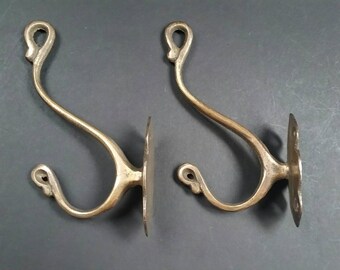 2 Large Art Nouveau Coat, Hat, Towel, Hall Tree Hooks unique brass vintage antique double hooks 5 1/2" #C11