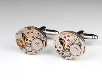 Steampunk Cufflinks Vintage Swiss Watch Movement Mens Gear Cuff Links by Steampunk Vintage Design