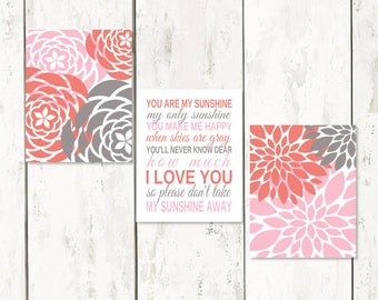 Baby Shower Gift CORAL GRAY You Are My Sunshine Art Set Nursery Art Little Girl Wall Art Bedroom Decor Print Or Canvas Customize Colors