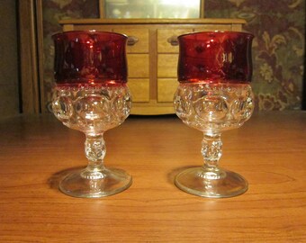 Tiffin Kings Crown Thumbprint Goblets Vintage 1940's Cranberry Ruby Set of 2 Collectible Serving Dining Home Decor
