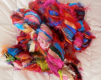 SALE 100 grams 1 skein recycled zari silk ribbon knitting crochet craft embellishment yarn multi color metallic