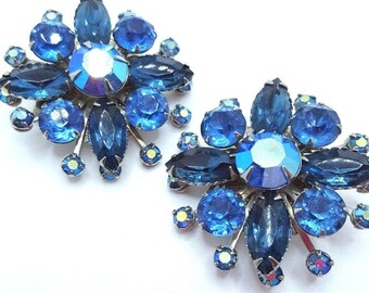 Vintage 1960's Judy Lee Blue Hawaii Rhinestone Clip Earrings
