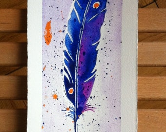 Purple and Orange Speckled Watercolor Feather