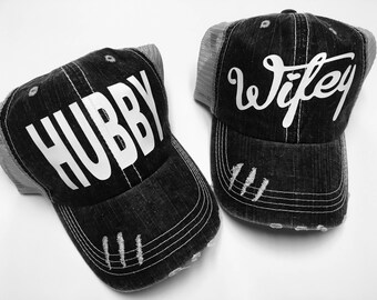 Bride Hat, Mr and Mrs Hats, Wifey Hat, Hubby Hat, Destination Wedding, Bride and Groom Hats, Newlywed Gift, Distressed Tucker Hat