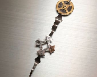 Antique clock hand & vintage brass alarm clock gear necklace