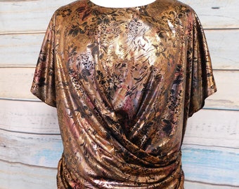 Vintage 80's metallic glam disco party top faux wrap ruched waist UK made by Debut discotheque floral shimmer