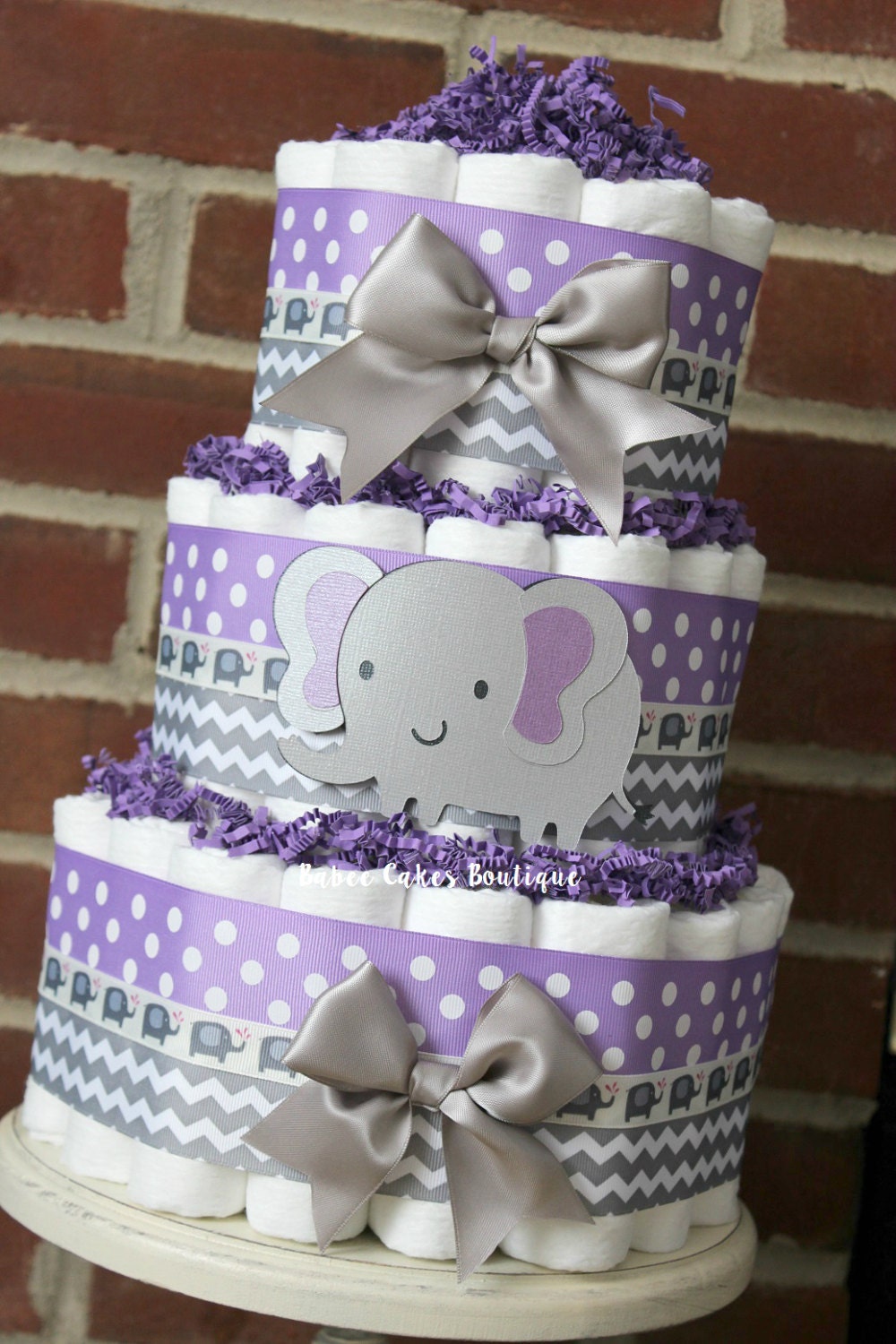 girl 1 tier baby shower cake 3 Gray Elephant Purple and Cake Purple Gray Tier Diaper