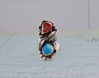 Navajo Sterling Turquoise and Coral Ring - Size 7.75