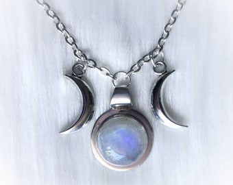 Rainbow Moonstone Triple Goddess Moon necklace