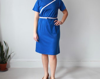 vintage plus size dress | belted blue white dress, XL
