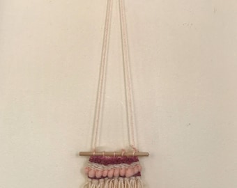 Woven wall hanging / Handmade tapestry / Pink salmon neutral necklace small
