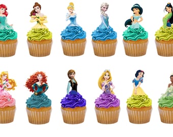 Disney Princesses 24 half body birthday edible stand up cake toppers decorations premium wafer card, choice of pre cut and uncut