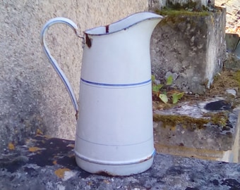 French enamelware jug, blue and white.