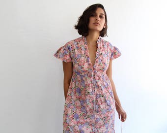 Vintage Handmade Long Dress Floral Maxi Dress Ruffle Sleeve XS