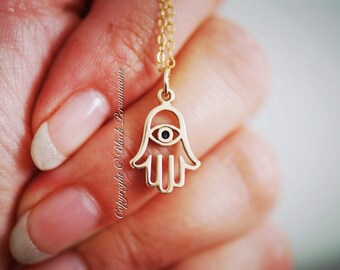 Hamsa Hand with Evil Eye Necklace - Natural Bronze Hamesh Hand Charm 14K Gold Filled Delicate Chain - Insurance Included