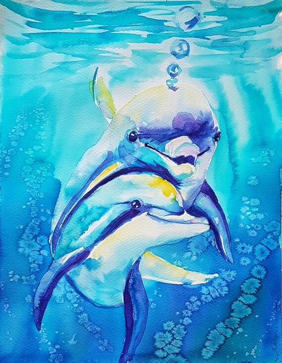 Dolphins Original Watercolor Painting Ocean Art Nursery Wall