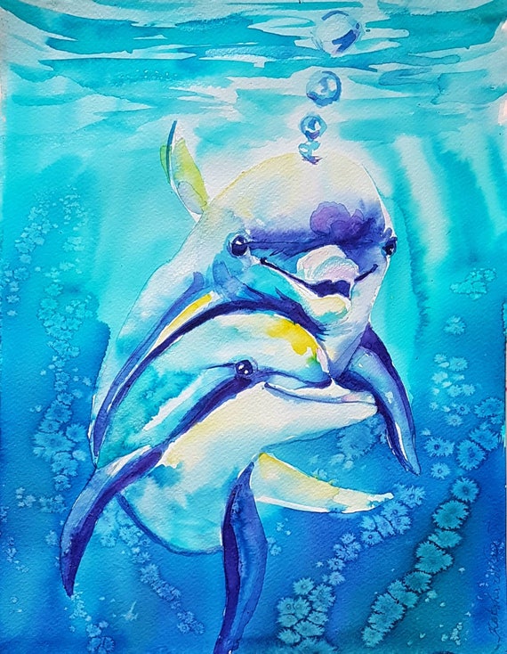 Dolphins Original watercolor painting ocean art nursery wall