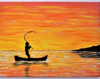 Original Folk Art Painting: Fisherman Silhouette with Sunset