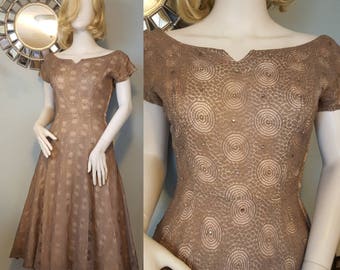 A Norman Original 1950s 50s vintage taupe round spider web lace dress rhinestones pearls swing M