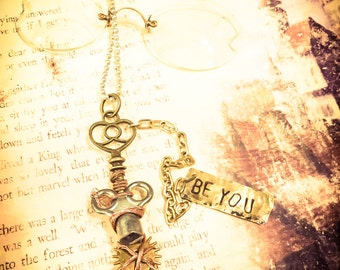 Steam Punk necklace, hand stamped Be You, gears, key, gears, copper, retro, recycled