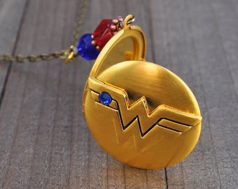 Wonder Woman Gold Locket Necklace Superhero Comic Charm Blue & Red Glass Bead Justice League Fans Megacon Comic Book Lover Pendant