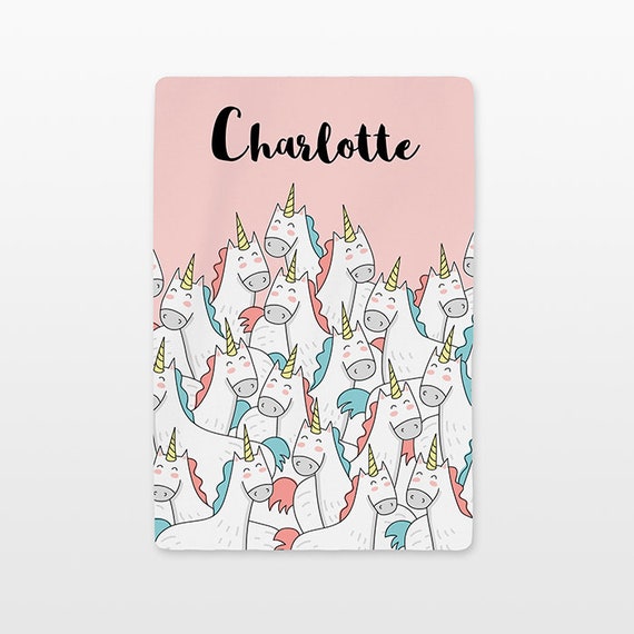 Unicorn Baby Blanket Personalized Custom Name Baby Girl Throw Plush Minky Soft Fleece Kids Cute New Baby Gift Idea Pastel Coral Peach Pink