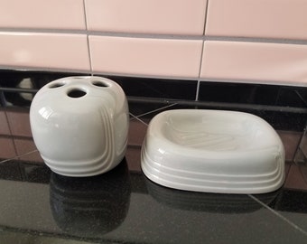 Vintage 1980's Gray Ceramic Toothbrush Holder and Soap Dish