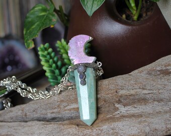 Moon & Amazonite Necklace w/ Rose Quartz and Grape Agate, Angel Aura Quartz Jewelry, Crystal Moon Necklace, Crystal Necklace, Wiccan Jewelry