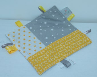 Plush yellow, gray and white labels so soft!