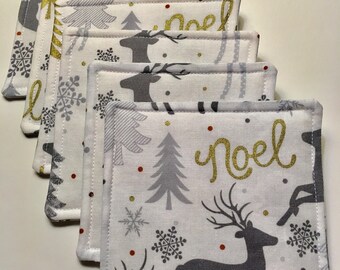 Fabric Coasters Christmas Reindeer in Gray, White and Gold, Christmas Coasters, Set of Six