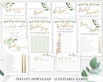 Bridal Shower Games Bundle greenery shower wedding shower game editable printable game Bridal Games gold bridal shower bridal shower decor