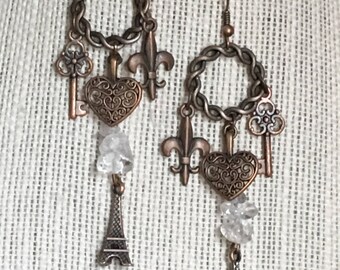 Far off places, antique copper earrings, Paris, france, french, key, fleur de lis, heart, Eifel Tower