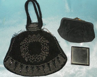 Vintage 1920's Black / Silver Beaded Flapper Purse, Handbag, Wristlet w/ Original Coin Purse & Mirror