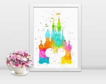 Set of 2 Watercolor Disney castle Castle for kids room