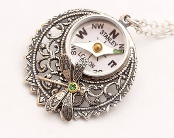 Compass Necklace Silver, Compass Necklace For Women, Silver Compass Necklace, Working Compass Necklace, Dragonfly Necklace
