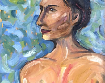 Female Study, Semi Nude, Original Oil Painting, 11 x 14, Laurie Rubinetti, Figure Study, gessobord, Blue, Green, Woman, Contemporary art