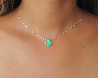 Opal necklace, opal Cactus necklace, green opal necklace, opal silver necklace opal jewelry Cactus necklace, opal jewelry october birthstone