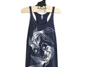 Medium- Triblend Navy Racerback Tank with Koi Screen Print