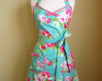 Apron/ Retro Apron / Vintage Style Apron / Womens Apron / Floral Apron / Green Apron / Pink and Green Apron / 1950s Style Apron /Roses Apron