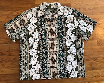 Men's XL Vintage Hawaiian Aloha Shirt Tiki Oasis Hukilau Green Brown Turtles & Hibiscus Flowers Barkcloth 80s 90s does 1960s Mint Condition