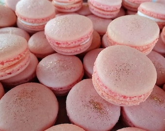 12 Pink champagne color Madagascar Bourbon vanilla Macarons gold sparkles on them-gluten free cookies,baby girl, baby shower macaroons