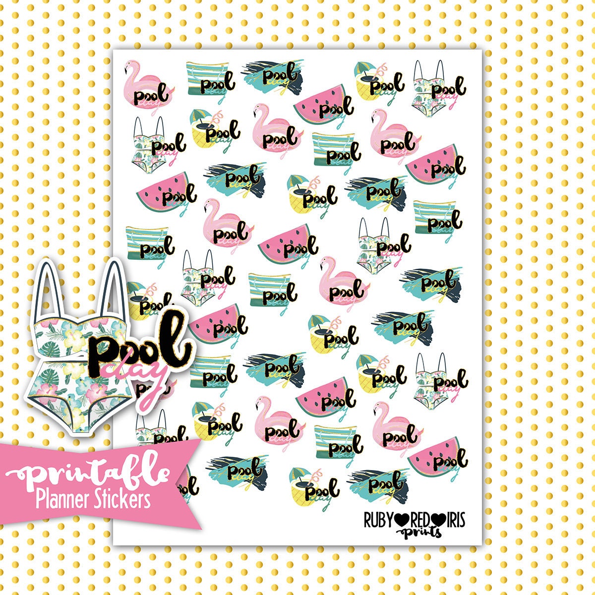 pool day printable planner stickers pdf jpg png instant