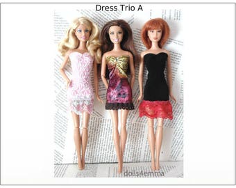 Barbie / Fashionistas Doll Clothes - Lot of 3 OOAK Dresses - DRESS TRIO A- Handmade Fashions by dolls4emma