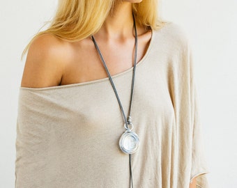 Lariat Pendant Necklace, Long Lariat Necklace, Silver Long Necklace, Statement Necklace, Charm Leather Necklace, Pendant Silver Necklace.
