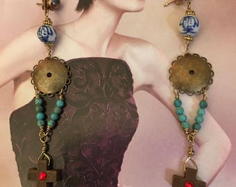 Vintage Rosary earrings, turquoise earrings, vintage, vintage jewelry, vintage earrings, dangle earrings, gift for her, valentine gift