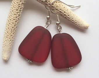 Large Dark Red Beach Glass Earrings, Red Seaglass Earrings, Red Seaglass Jewelry, Red Sea Glass Earrings. FREE SHIPPING in the US.