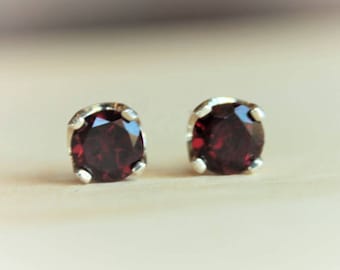 6mm Garnet Argentium Silver Earrings - Nickel Free Hypoallergenic Stud Earrings