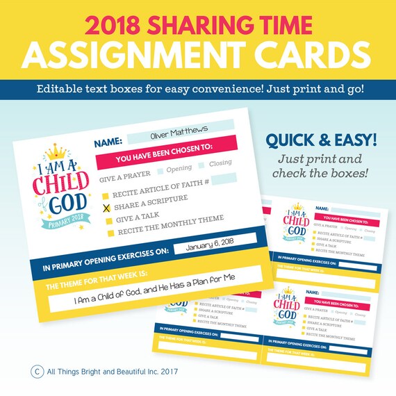 2018 LDS Primary Theme Assignment Cards I am a Child of God