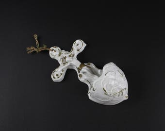 Vintage Porcelain Crucifix Holy Water Font - French Antique Hand Painted Gold Doré Holy Water Benitier